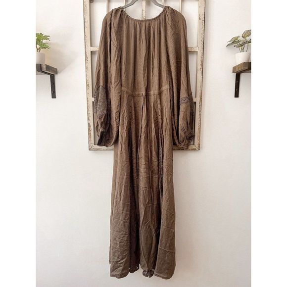 NWT Free People Brown Southwest Lace Maxi Dress, Long Sleeve V-Neck - Picture 4 of 6